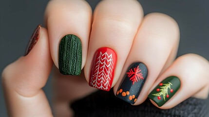 Festive Christmas Nail Art Design With Red Green And Black Polish
