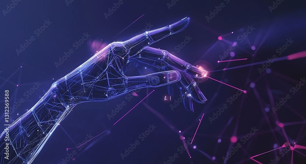 Poster A futuristic hand reaching out with a glowing connection, showcasing an abstract AI concept in motion : Generative AI