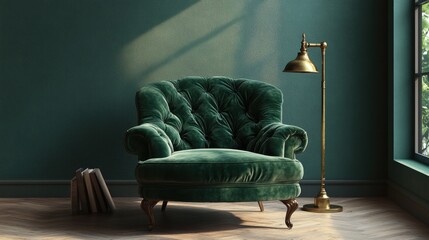 A luxurious green velvet armchair near a golden standing lamp