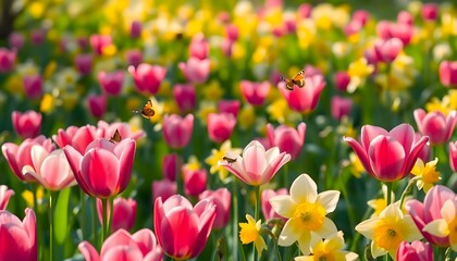 a field full of pink and yellow flowers
