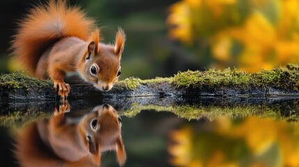 Obraz premium Red Squirrel Drinking from a Puddle with its Reflection Visible. Curious squirrel drinking water from a river .