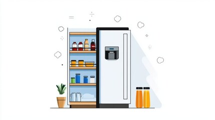 Open refrigerator with food and drinks, minimalist style illustration.