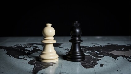 Black and white chess pieces center on a detailed world map symbolizing politics, negotiation, and global strategy