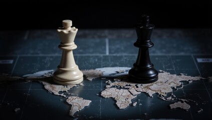Black and white chess pieces center on a detailed world map symbolizing politics, negotiation, and global strategy