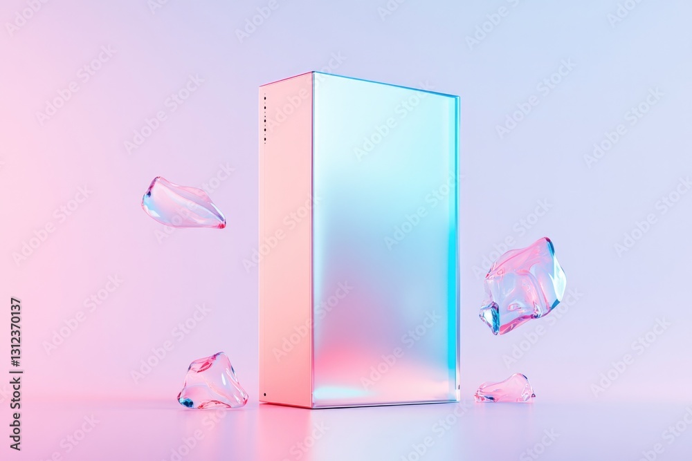 Poster vibrant rendering of gaming console displayed with abstract floating shapes and holographic effects 