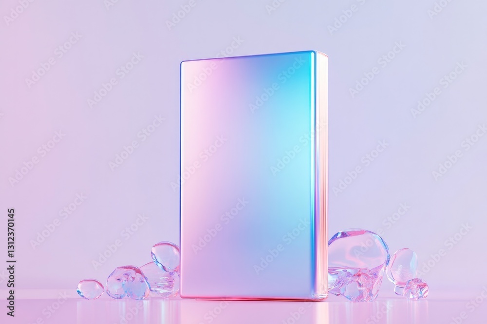 Poster vibrant rendering of gaming console displayed with abstract floating shapes and holographic effects 