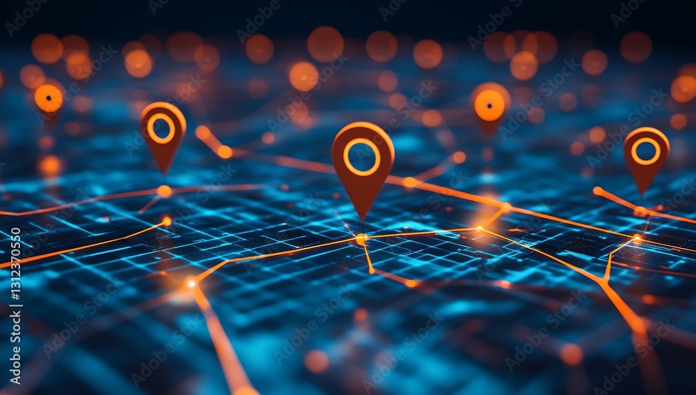 Poster detailed visualization of a digital map showcasing location markers and network connections in vibra