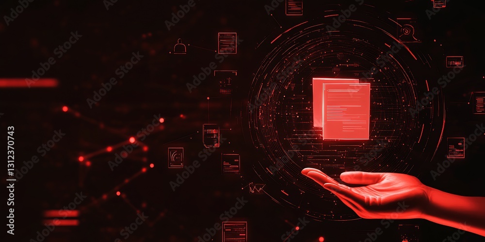 Aufkleber Innovative design featuring a hand extending towards a floating secured document in a dramatic red digital environment symbolizing data privacy : Generative AI