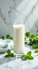 Glass of A2 milk with a mint leaf, sitting on a marble surface surrounded by greenery.