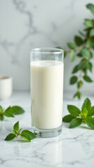 A glass of fresh whole milk on a table with herbs and spices as garnishes.