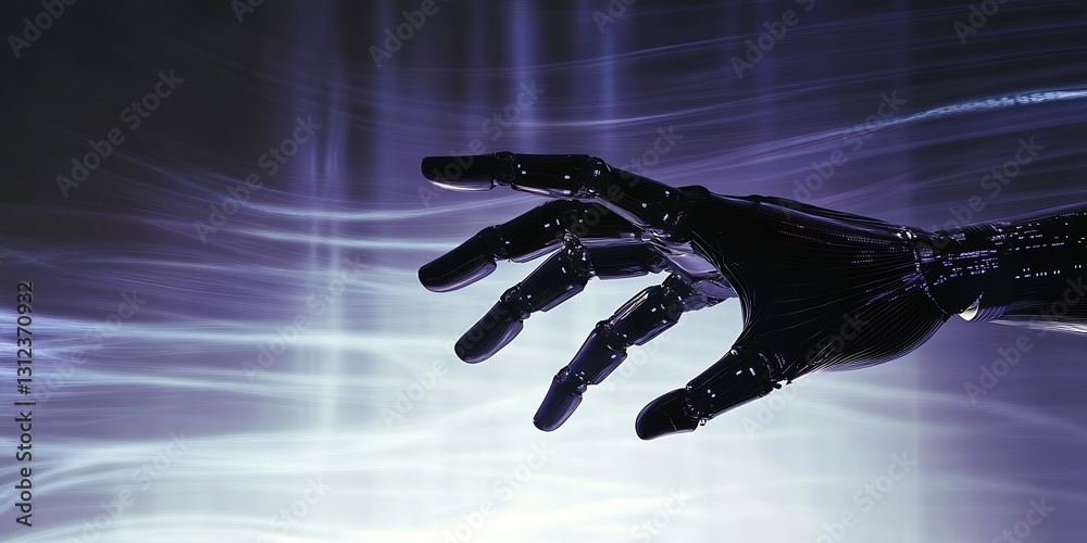 Poster Elegant robotic hand with smooth motion merging into vibrant light creating a mystical effect : Generative AI
