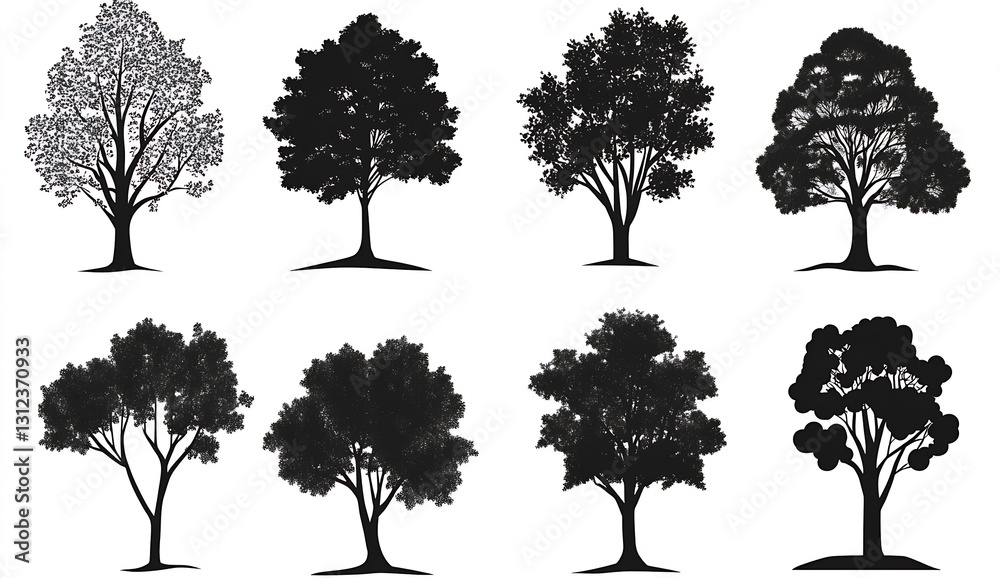 Poster Various Silhouetted Trees Displaying Different Shapes and Styles for Nature Design Projects : Generative AI