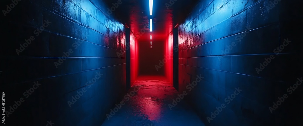 Poster futuristic dark hallway with contrasting blue and red neon lights creating a captivating atmosphere 