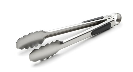Stainless Steel Kitchen Tongs on White Background for Cooking and Grilling