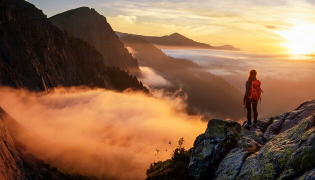 A lone hiker stands on a rocky ridge, taking in the breathtaking view of a mountain valley blanketed in mist at sunset, generated image
