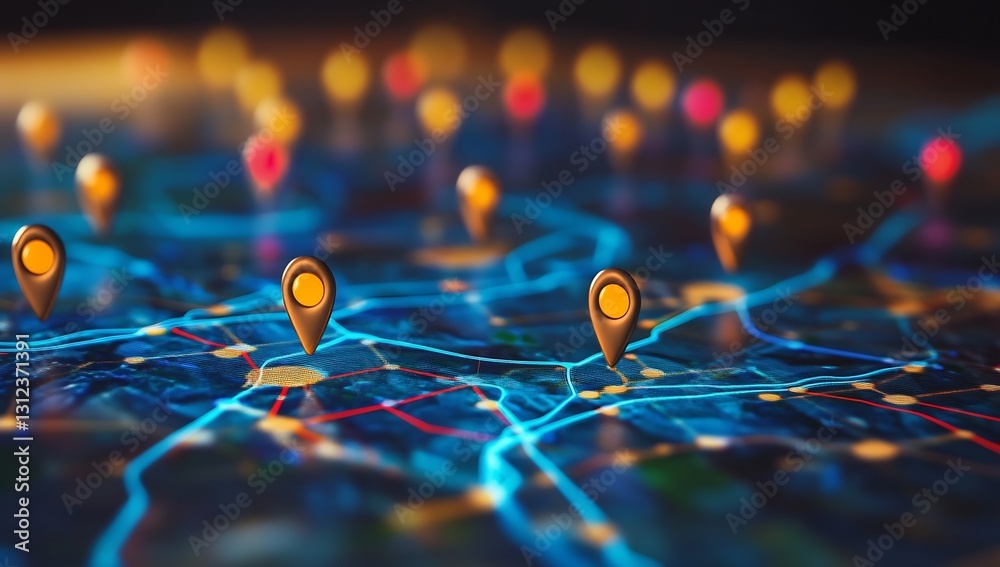 Poster Vivid location markers on a digital map highlighting urban connectivity and transportation routes : Generative AI