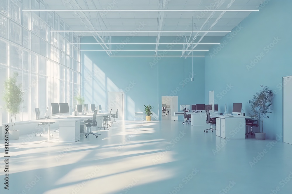 Poster bright and modern open office space with natural light and greenery enhancing productivity : generat
