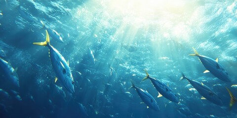 Fototapeta premium Underwater Scene with School of Fish Swimming in Bright Blue Water with Sunlight Filtering Through the Surface of the Ocean