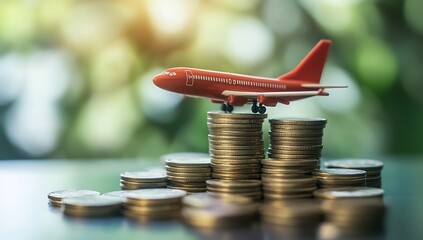Red toy airplane placed on stacks of coins illustrating savings and travel investments : Generative AI