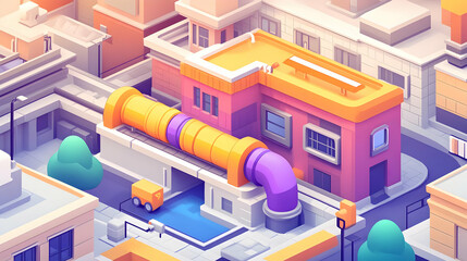 Obraz premium Isometric Cityscape with Colorful Building and Pipeline