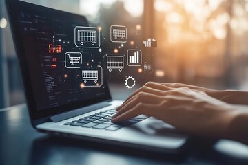 Hands of a person using a laptop to manage online shopping with digital interface icons for ecommerce : Generative AI