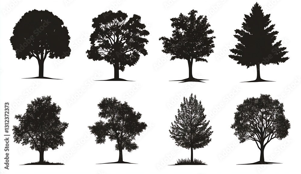 Poster collection of eight unique tree silhouettes showcasing various foliage and shapes : generative ai