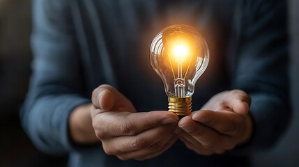 Person Carefully Holds a Lit Bulb Showing a Brilliant Idea