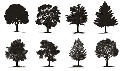 Collection of Eight Unique Tree Silhouettes Showcasing Various Foliage and Shapes : Generative AI