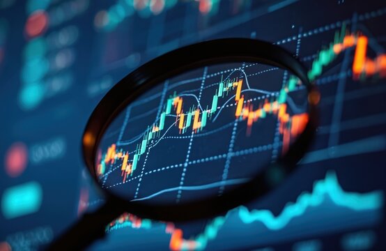 Magnifier glass analyzes stock market financial chart data analysis, search engine optimization SEO. Business diagram search growth, investment, currency exchange, trade, economy, financial analysis,