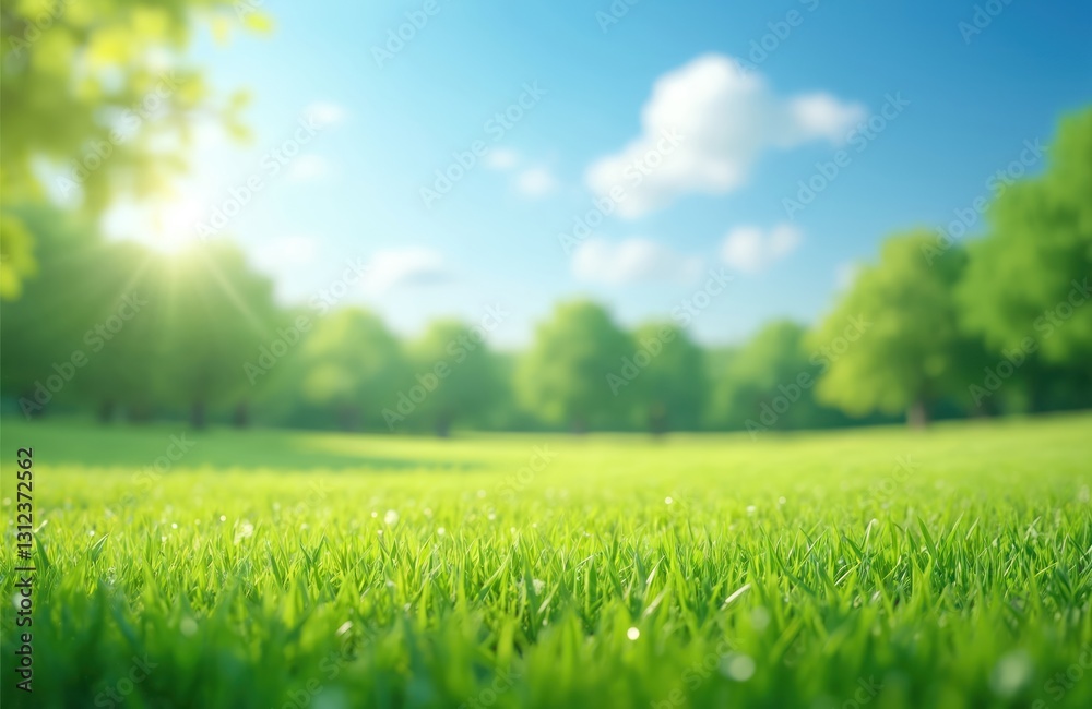 Poster green grass lawn with blurred background under bright blue sky. sunny summer landscape with soft lig