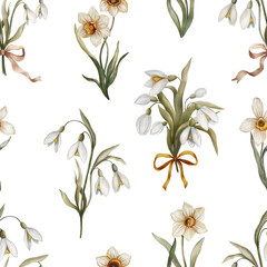 Seamless watercolor pattern with snowdrops and daffodils in a vintage and whimsical style. Delicate spring flowers in the trendy 2025 color palette create an elegant and artistic floral design.