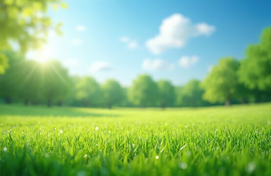 Green grass lawn with blurred background under bright blue sky. Sunny summer landscape with soft light and trees in park. Natural blurred background under blue skies with clouds. Eco backdrop.