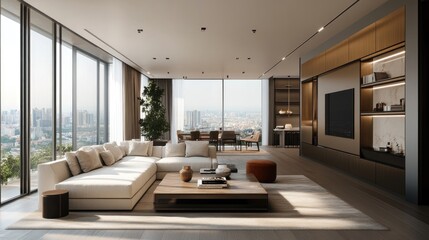 Fototapeta premium A luxurious high-rise apartment with sweeping city views and sophisticated contemporary interiors --ar 16:9 --v 6.1 Job ID: 2b159b61-d7fb-4b95-865f-0fe121256368