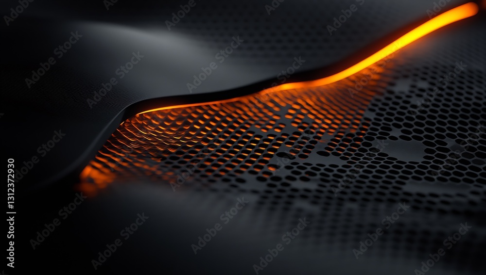 Fototapete Close up view of futuristic design with orange glowing lines on black textured surface : Generative AI