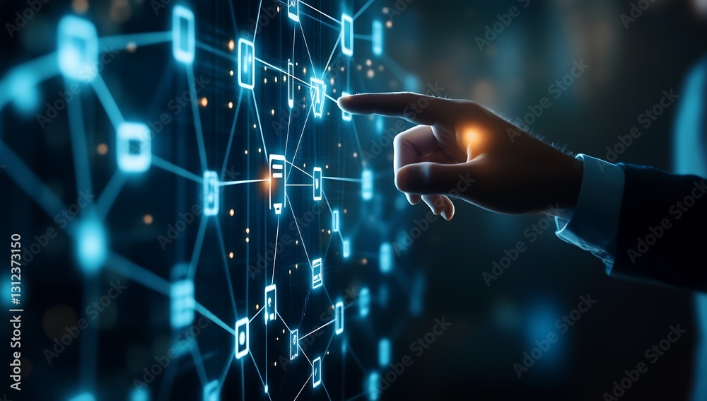 Poster Innovative digital network concept showing user interface connections and data exchange with hand interaction : Generative AI