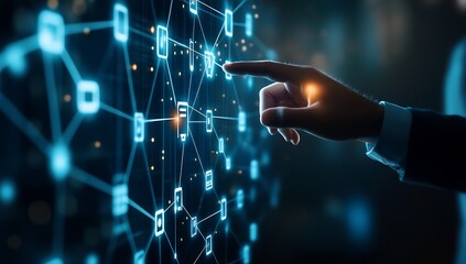 Innovative digital network concept showing user interface connections and data exchange with hand interaction : Generative AI