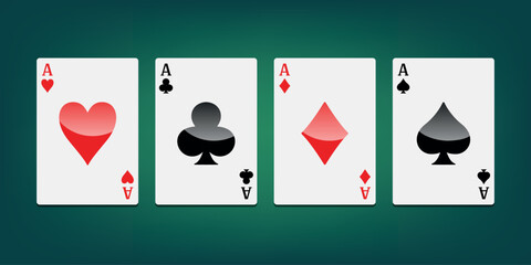Cards of different suits on a green background. Vector clipart.