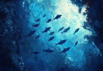 Underwater School of Fish Swimming Gracefully Through Blue Waters with Sunlight Filtering Down in an Artistic Ocean Scene