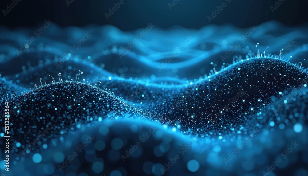 Leinwandbilder illustration of abstract futuristic data network technology on dark background. blue glowing particl
