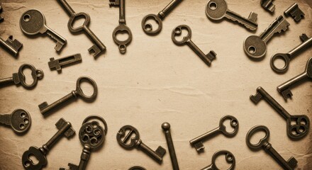 Naklejka premium Vintage Keys on Textured Paper Background with Copy Space