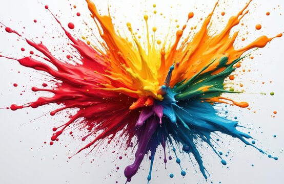 Colorful paint explosion on white background. Vibrant red, orange, yellow, green, blue, purple liquid splashes mix. Abstract splash art, creativity design concept, vivid color burst for backgrounds,
