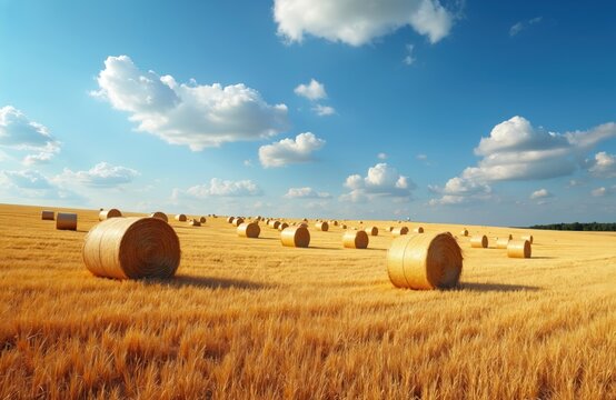 Golden straw bales scattered on stubble field under blue sky. Rural landscape with hay rolls. Harvested crop concept. Sunny summer day on farmland. Agriculture farming theme. Wheat harvesting season.