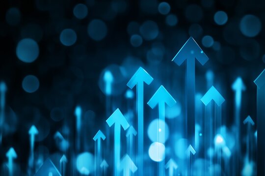 Abstract digital background with glowing blue arrows pointing upwards in a shimmering environment : Generative AI