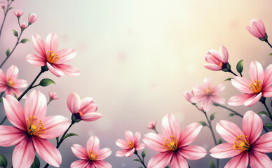 Obraz premium Watercolor background, cheerful and ethereal mood, playful clusters of cyclamen in pink and white against a pale wash of colo with copy space