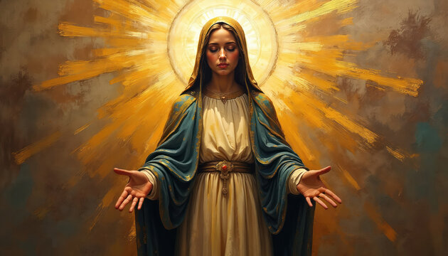Painting of Nossa Senhora Aparecida with halo light. Woman with open arms praying with calm expression. Religious art statue for catholic church, christians. Faith, spirituality. Saint Maria blesses,