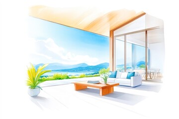 Fototapeta premium A bright and airy living space showcases modern furniture and panoramic mountain views, Ideal for interior design projects, real estate marketing