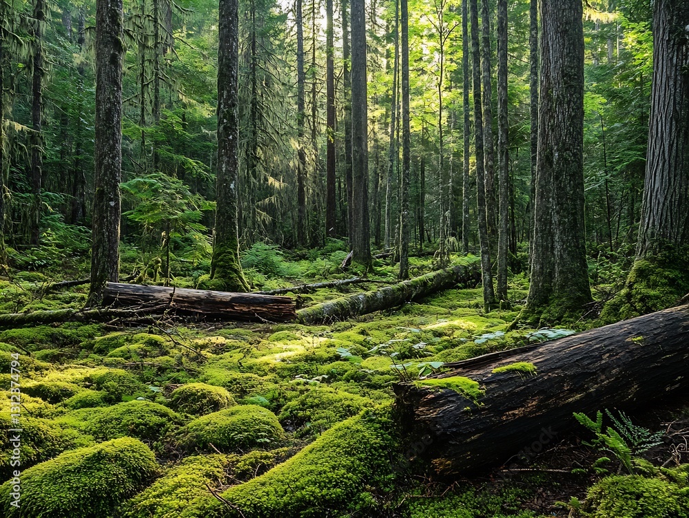 Poster lush green forest landscape with tall trees and sunlight filtering through the canopy : generative a