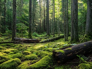 Fototapeta premium Lush Green Forest Landscape with Tall Trees and Sunlight Filtering Through the Canopy : Generative AI