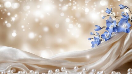 Elegant Composition of Silver Silk with Blue Flowers and Pearls on a Soft Ivory Background in a 3D Arched Frame