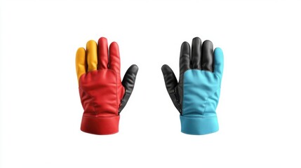 Pair of colorful leather gloves, red and yellow, blue and black, isolated on white background.